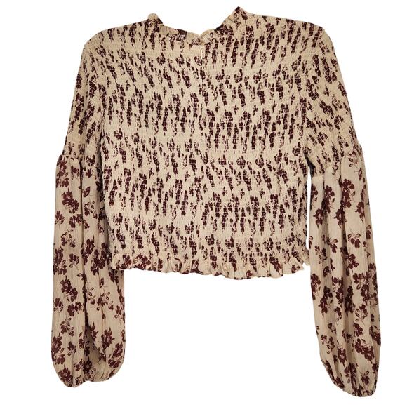 Grade & Gather Cream Floral Smocked Ruffle Long Balloon Sleeve Blouse Women L - Picture 9 of 9